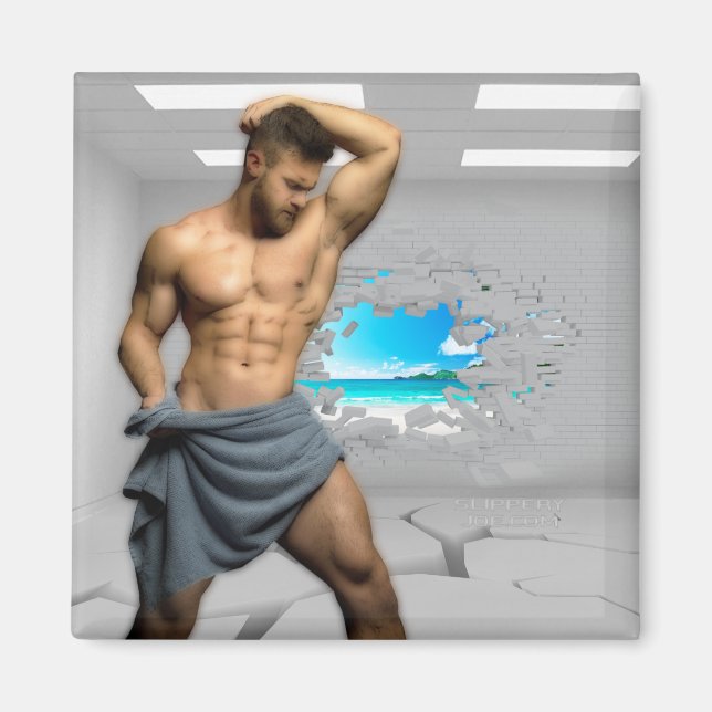 SlipperyJoe's Man towel broken white brick wall ba Magnet (Front)