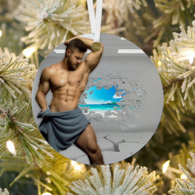 SlipperyJoe's Man towel broken white brick wall ba Metal Tree Decoration (Insitu)