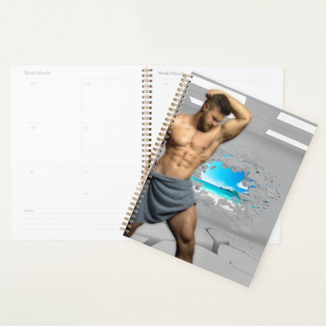 SlipperyJoe's Man towel broken white brick wall ba Planner (Display)