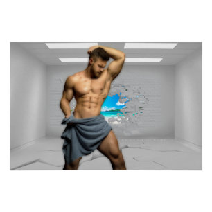 SlipperyJoe's Man towel broken white brick wall ba Poster