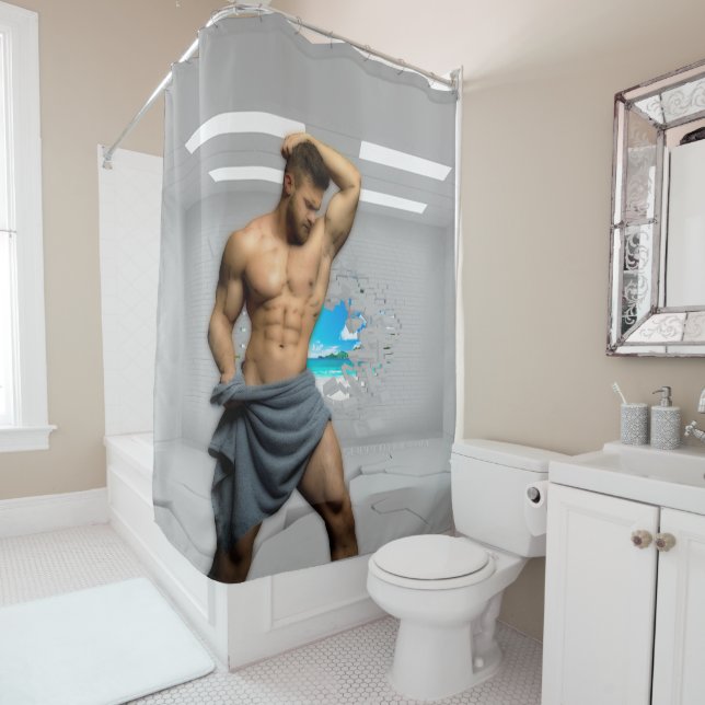 SlipperyJoe's Man towel broken white brick wall ba Shower Curtain (In Situ)