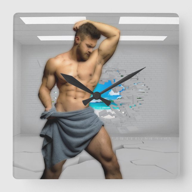 SlipperyJoe's Man towel broken white brick wall ba Square Wall Clock (Front)