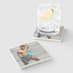 SlipperyJoe's Man towel broken white brick wall ba Stone Coaster