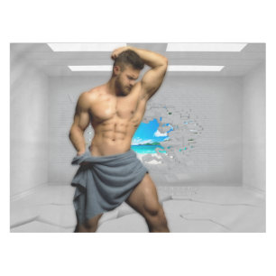 SlipperyJoe's Man towel broken white brick wall ba Tablecloth