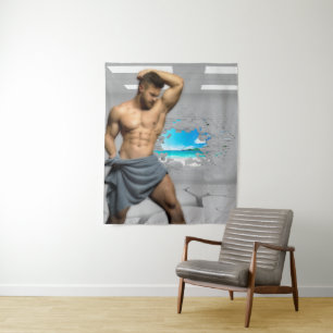 SlipperyJoe's Man towel broken white brick wall ba Tapestry