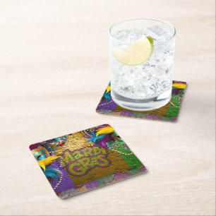 SlipperyJoe's Mardi Gras Bead Necklaces doubloons Square Paper Coaster