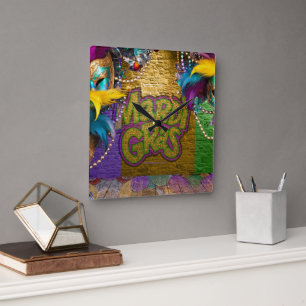 SlipperyJoe's Mardi Gras Bead Necklaces doubloons  Square Wall Clock