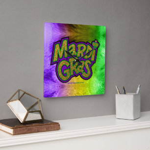 SlipperyJoe's Mardi Gras crown purple gold green w Square Wall Clock