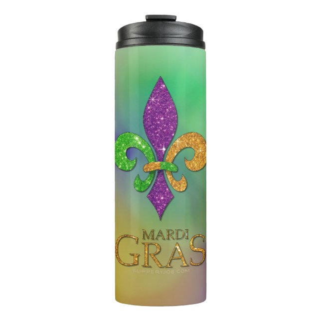 SlipperyJoe's Mardi Gras festival glittery fleur-d Thermal Tumbler (Front)
