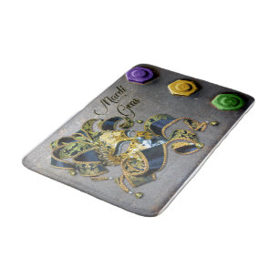 SlipperyJoe's Mardi Gras Mask purple gold green bl Bath Mat
