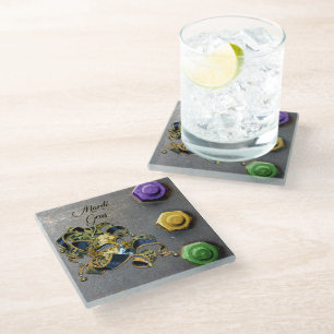 SlipperyJoe's Mardi Gras Mask purple gold green bl Glass Coaster