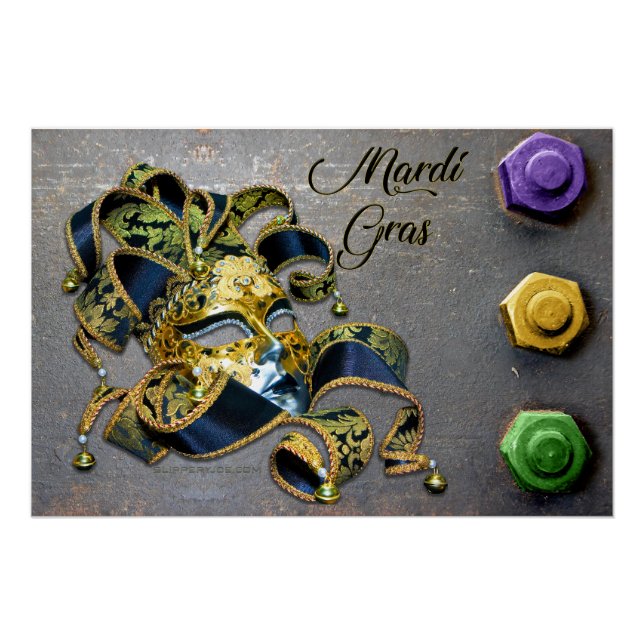 SlipperyJoe's Mardi Gras Mask purple gold green bl Poster (Front)