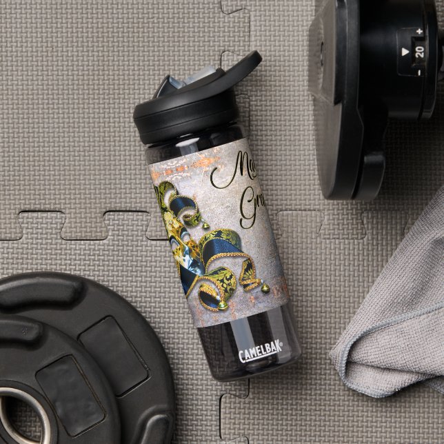 SlipperyJoe's Mardi Gras Mask purple gold green bl Water Bottle (Gym)