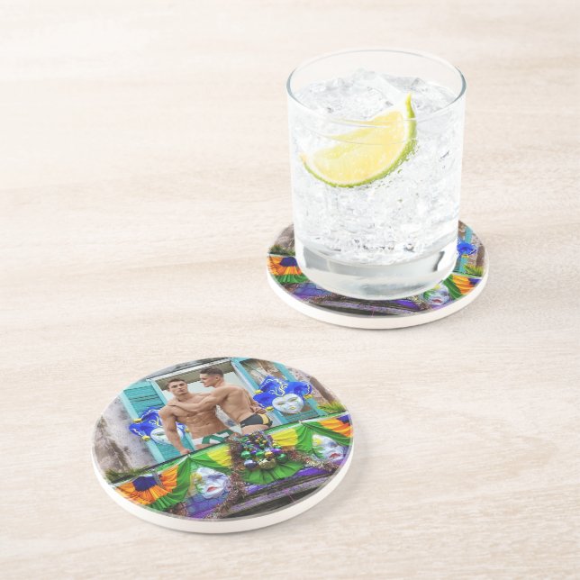 SlipperyJoe's Mardi Gras Men purple gold green bal Coaster (Side)