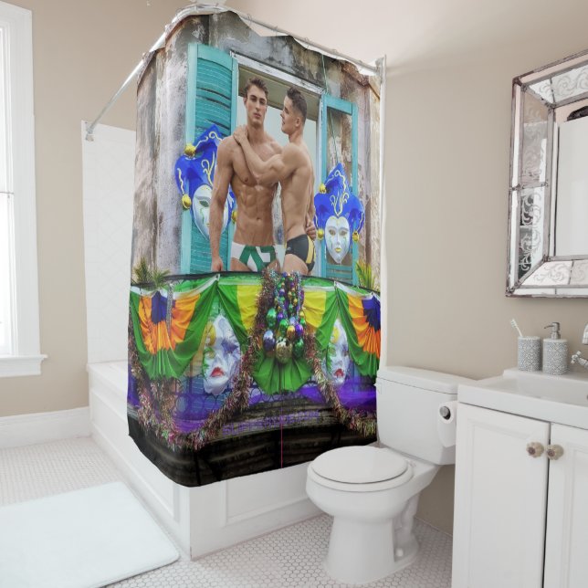 SlipperyJoe's Mardi Gras Men purple gold green bal Shower Curtain (In Situ)