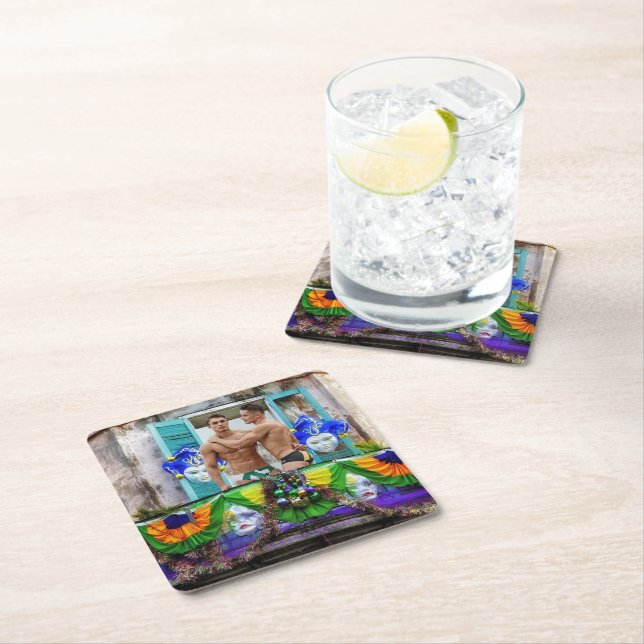 SlipperyJoe's Mardi Gras Men purple gold green bal Square Paper Coaster (Insitu)
