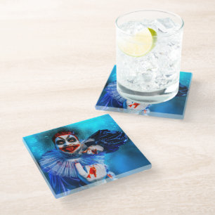SlipperyJoe's menacing clown Happy Halloween red b Glass Coaster