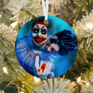 SlipperyJoe's menacing clown Happy Halloween red b Metal Tree Decoration