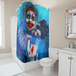 SlipperyJoe's menacing clown Happy Halloween red b Shower Curtain