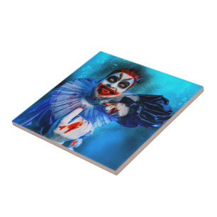 SlipperyJoe's menacing clown Happy Halloween red b Tile