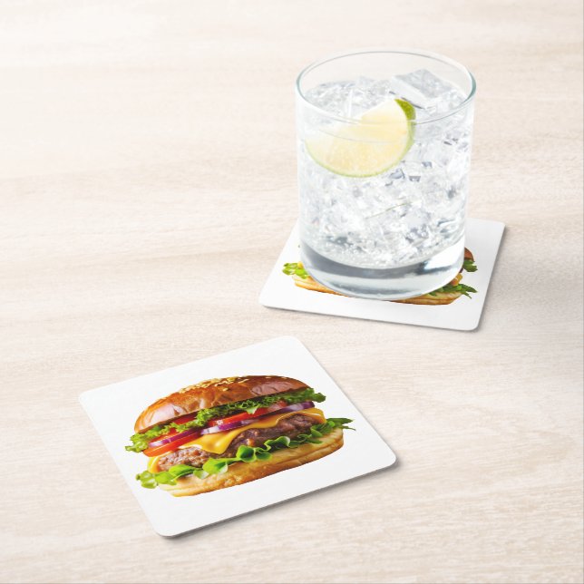 SlipperyJoe's mouthwatering stacked hamburger thic Square Paper Coaster (Insitu)