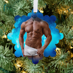 SlipperyJoe's muscular bearded man shirtless sixpa Tree Decoration Card