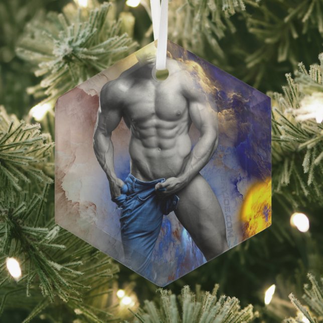 SlipperyJoe's muscular man physique steamy shirtle Glass Tree Decoration (Insitu)