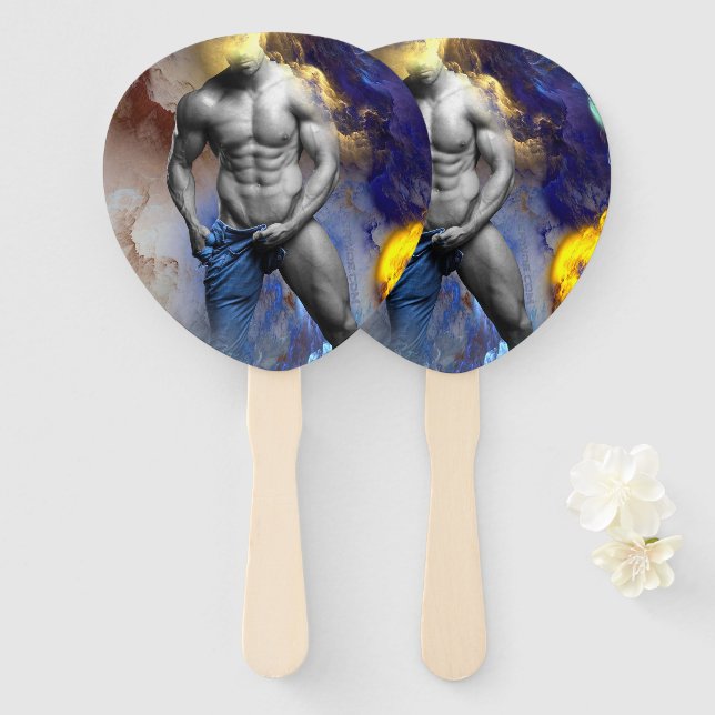 SlipperyJoe's muscular man physique steamy shirtle Hand Fan (Front and Back)