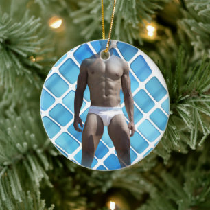 SlipperyJoe's muscular man six-pack abs white unde Ceramic Tree Decoration