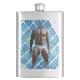 SlipperyJoe's muscular man six-pack abs white unde Hip Flask
