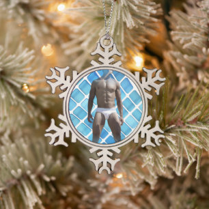 SlipperyJoe's muscular man six-pack abs white unde Snowflake Pewter Christmas Ornament