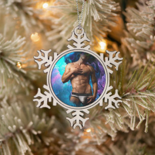 SlipperyJoe's muscular man underwear bulge cosmic Snowflake Pewter Christmas Ornament