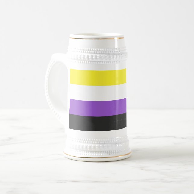 SlipperyJoe's Nonbinary Pride Flag gay gifts LGBTQ Beer Stein (Front Left)