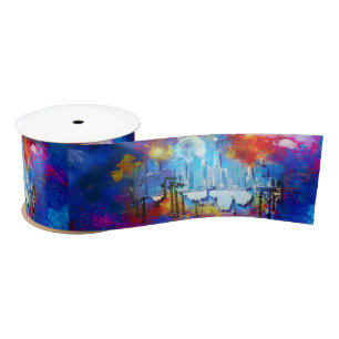 SlipperyJoe's NYC skyscrapers buildings artwork gr Satin Ribbon