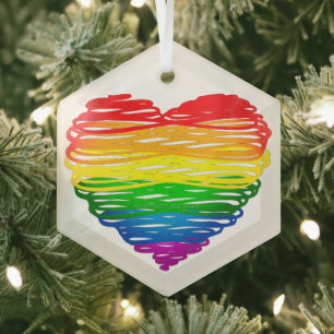 SlipperyJoe's Pride Heart Scribbles gay pride gift Glass Tree Decoration