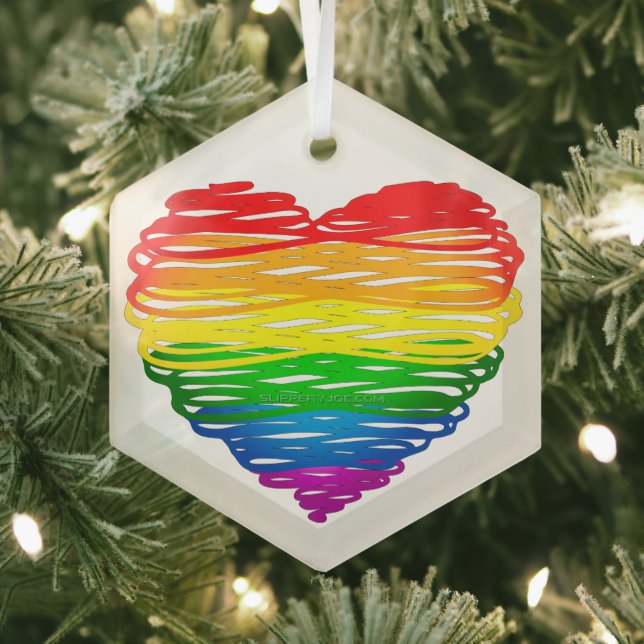 SlipperyJoe's Pride Heart Scribbles gay pride gift Glass Tree Decoration (Insitu)