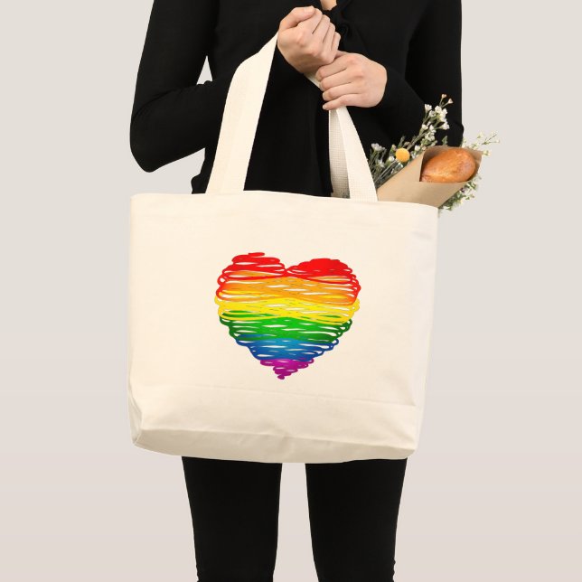 SlipperyJoe's Pride Heart Scribbles heart shape dr Large Tote Bag (Front (Product))