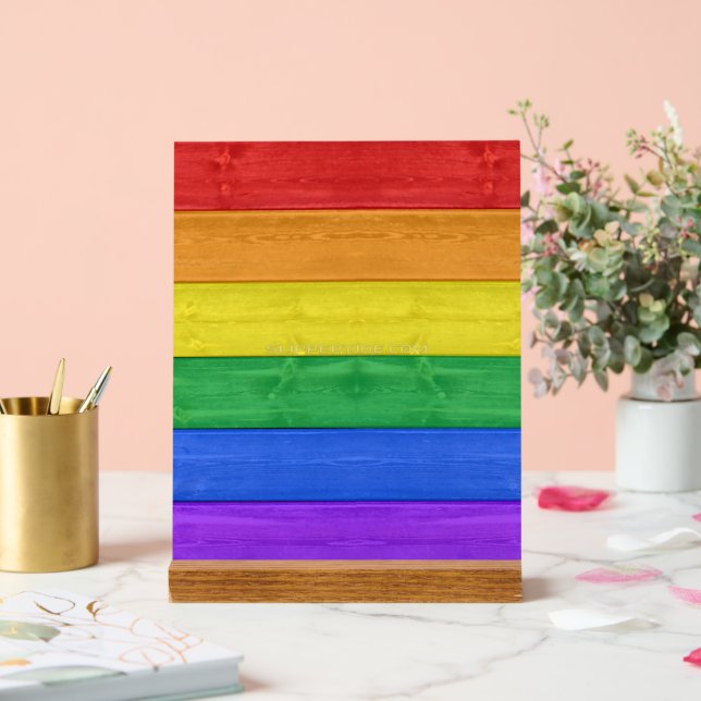 SlipperyJoe's pride wooden flag horizontal rainbow Acrylic Sign (Wedding)