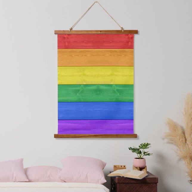 SlipperyJoe's pride wooden flag horizontal rainbow Hanging Tapestry (Bedroom)