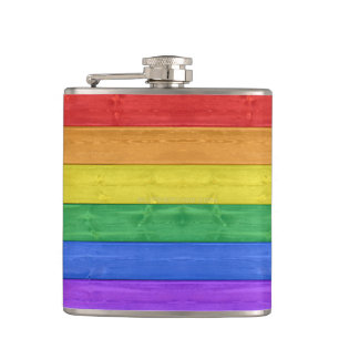 SlipperyJoe's pride wooden flag horizontal rainbow Hip Flask
