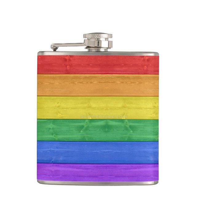 SlipperyJoe's pride wooden flag horizontal rainbow Hip Flask (Front)