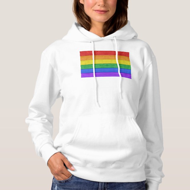 SlipperyJoe's pride wooden flag horizontal rainbow Hoodie (Front)