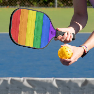 SlipperyJoe's pride wooden flag horizontal rainbow Pickleball Paddle