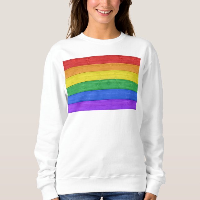 SlipperyJoe's pride wooden flag horizontal rainbow Sweatshirt (Front)