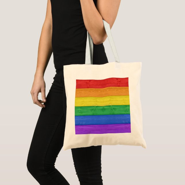 SlipperyJoe's pride wooden flag horizontal rainbow Tote Bag (Front (Product))