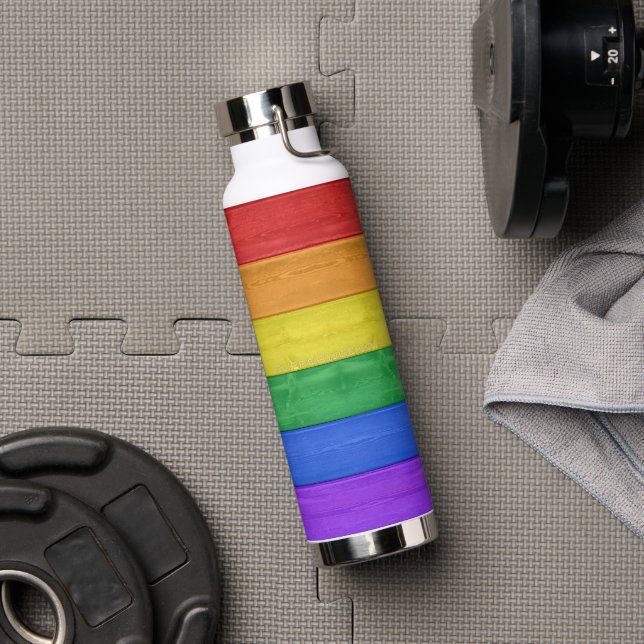 SlipperyJoe's pride wooden flag horizontal rainbow Water Bottle (Gym)