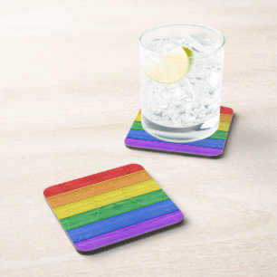 SlipperyJoe's pride wooden flag rainbow colors cel Coaster