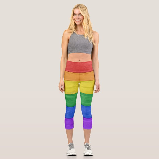 SlipperyJoe's pride wooden flag rainbow colours ce Capri Leggings (Front)