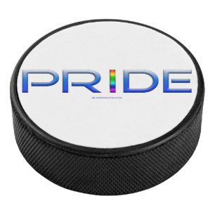 SlipperyJoe's pride word metallic letters radiates Hockey Puck
