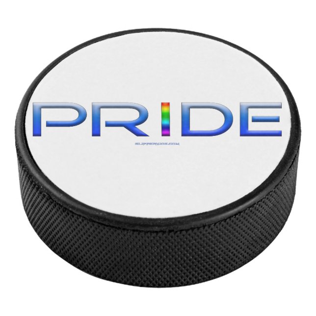 SlipperyJoe's pride word metallic letters radiates Hockey Puck (3/4)